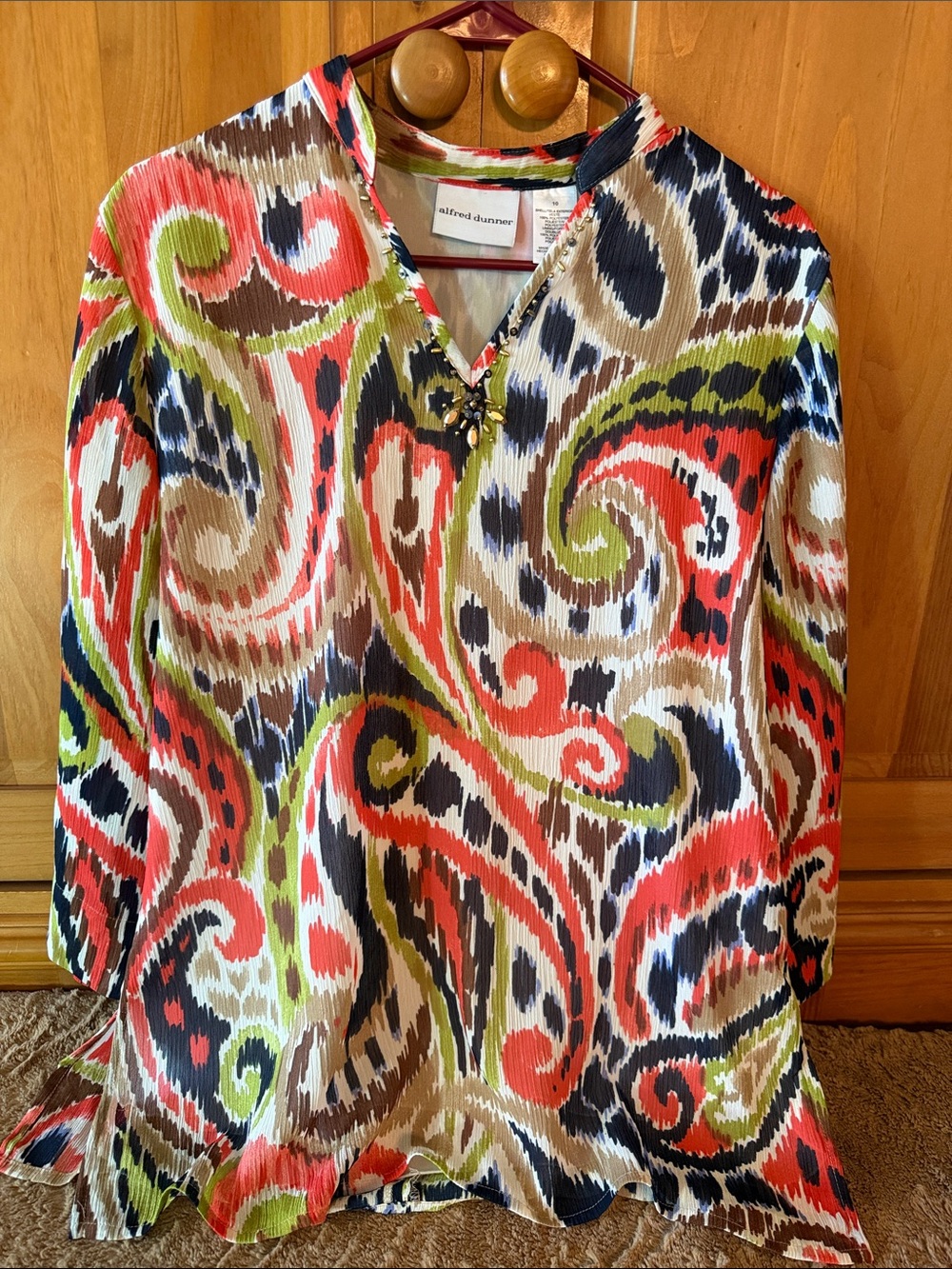 Alfred Dunner Multicolor Paisley Tunic - Coral, Olive, Navy, Cream Size 10